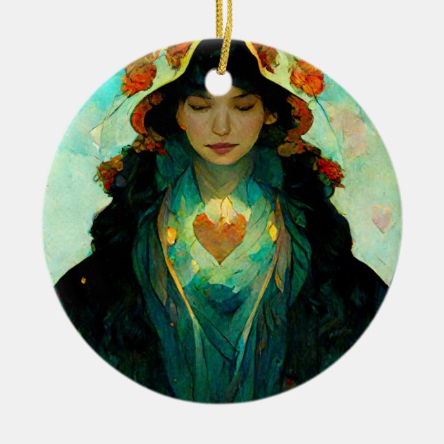 Glühendes Herz Woman Fantasy Sci-Fi Keramik Ornament (Vorne)