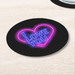 Glühendes Neon Pink Blue Valentines Herz Runder Pappuntersetzer