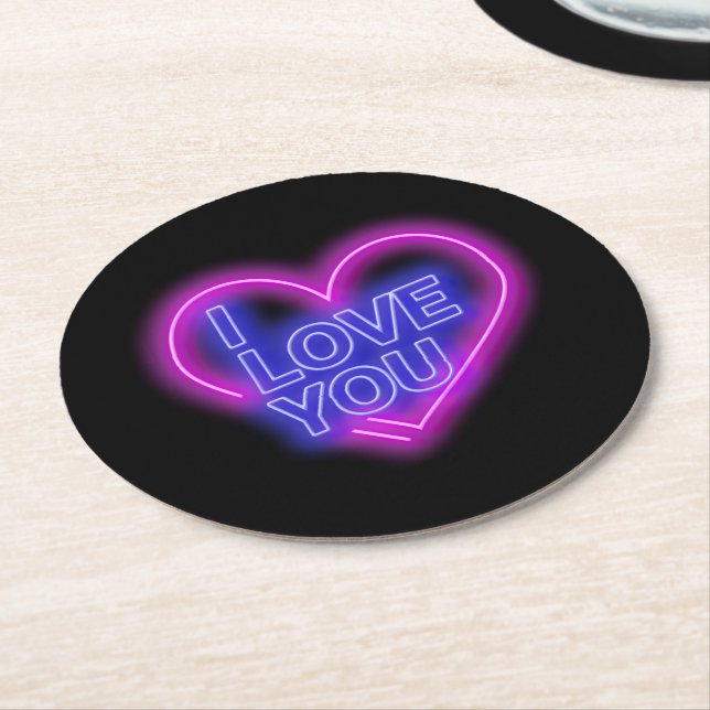 Glühendes Neon Pink Blue Valentines Herz Runder Pappuntersetzer (Angewinkelt)