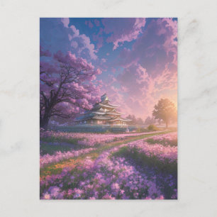 Glühendes rosa Feld, japanische Villa Postkarte