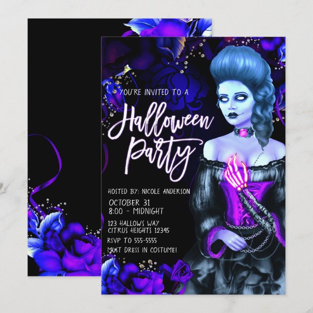 Glühendes Totes Mädchen Lila Rose Halloween-Party Einladung (Vorne/Hinten)
