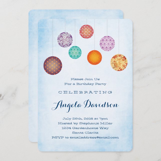 Glühpapier Laternen Blauer Geburtstag Einladung (Vorne/Hinten)