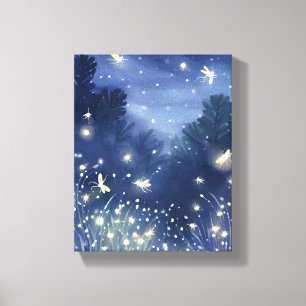 Glühwürmchen bei Nacht Glühwürmchen Blau Aquarel Leinwanddruck