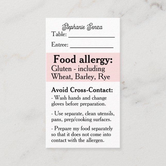 Gluten Allergy Restaurant Card, Celiac Food Safety Visitenkarte (Vorderseite)