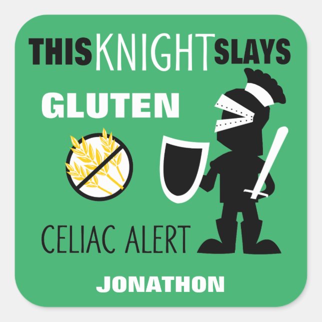 Glutenfreie Celiac Alert Green Knight Kids Quadratischer Aufkleber (Vorderseite)