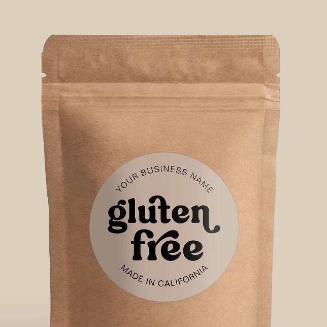 Glutenfreies Beige Retro Einfaches Etikett für Bac Runder Aufkleber (Stand out and impress with a custom gluten free product sticker with this retro groovy design)