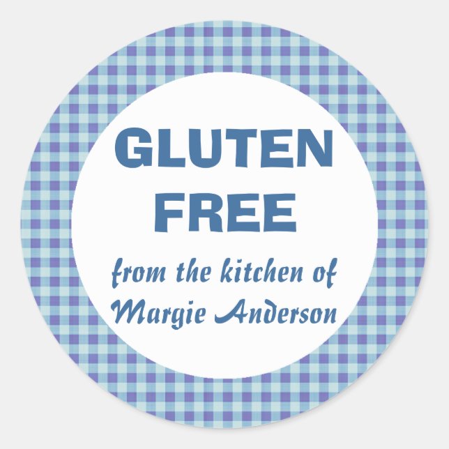 Glutenfreies Lebensmittel Blue Gingham Runder Aufkleber (Vorderseite)