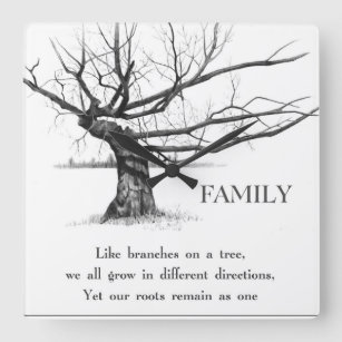 Gnarly alter Baum: Zitat: FAMILIE: Bleistift-Kunst Quadratische Wanduhr