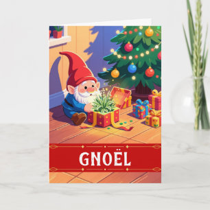Gnoel Weihnachtszwerg öffnet ein Geschenk Feiertagskarte