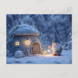 Gnom mit einer Laterne außerhalb einer verschneite Postkarte
