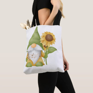 Gnom mit Sonnenblume und Noten auf einer Tote-Tasc