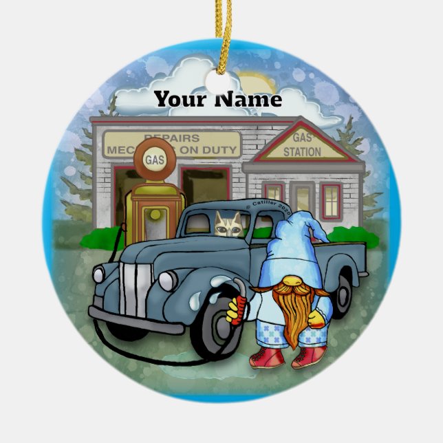 Gnom-Tankstelle Keramik Ornament (Vorne)