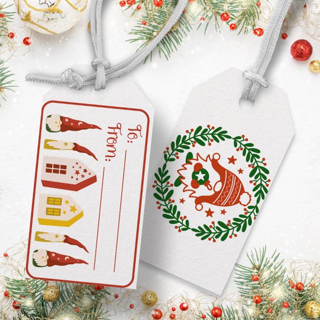 Gnomaden und Häuser - Weihnachtsgeschenk Geschenkanhänger (Gnomes wreath and houses - Christmas gift tag)