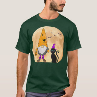 Gnome and Cat Halloween Full Moon and Bats Graphic T-Shirt