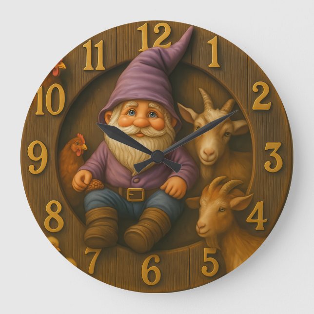 Gnome and Farm Animals in Cozy Garden Scene Große Wanduhr (Vorderseite)