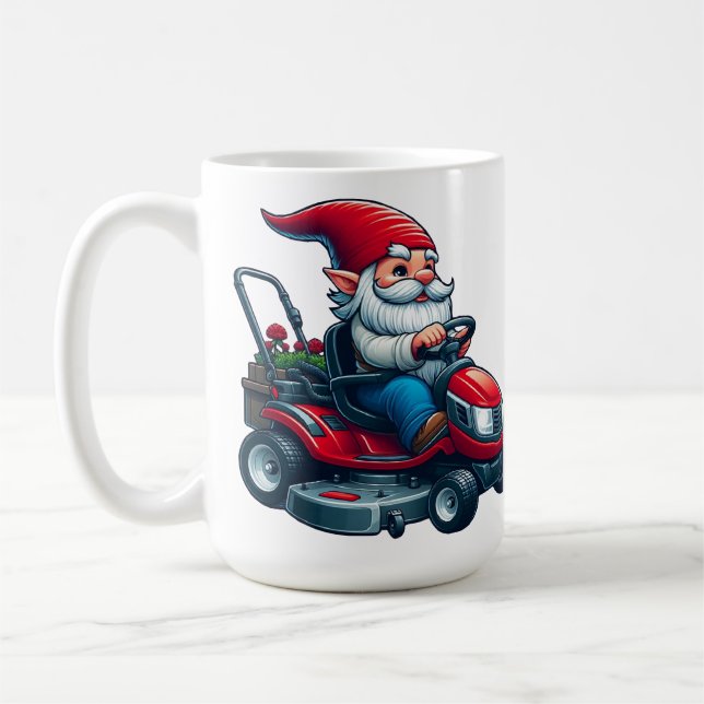 Gnome auf dem Rasenmäher mit Blume-Korb Kaffeetasse (Links)