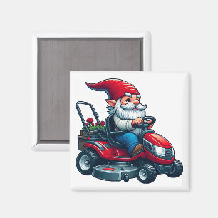 Gnome auf dem Rasenmäher mit Blume-Korb Magnet
