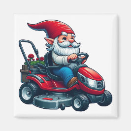 Gnome auf dem Rasenmäher mit Blume-Korb Magnet