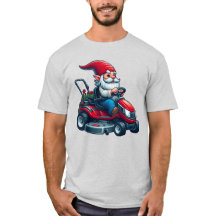 Gnome auf dem Rasenmäher mit Blume-Korb