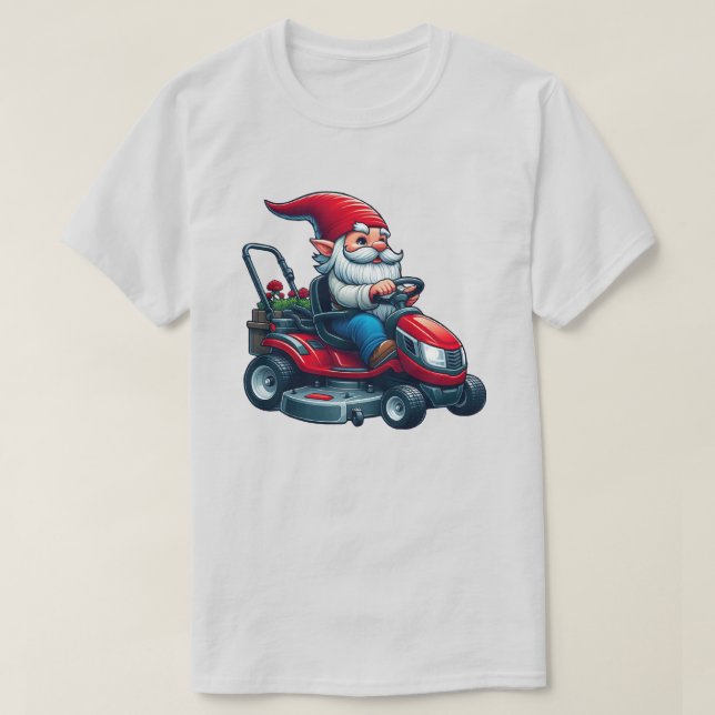 Gnome auf dem Rasenmäher mit Blume-Korb T-Shirt (Design vorne)