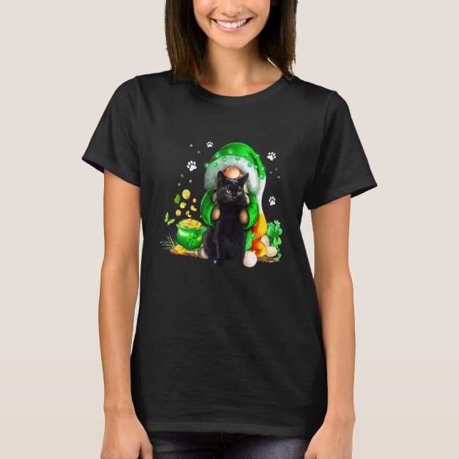 Gnome Black Cat Shamrock St Patricks Day Kitten Gi T-Shirt (Vorderseite)