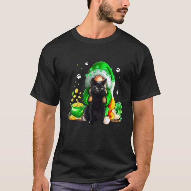 Gnome Black Cat Shamrock St Patricks Day Kitten Gi T-Shirt (Vorderseite)