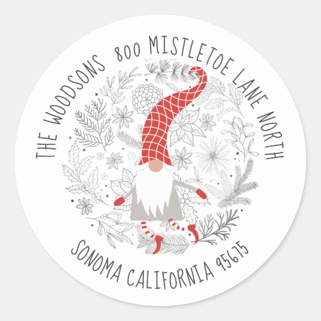 Gnome Christmas Foliage Rücksendeadresse Runder Aufkleber (Vorderseite)