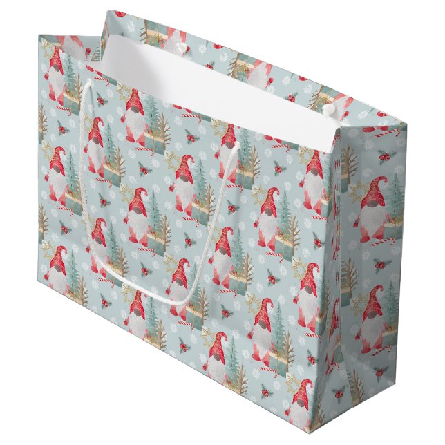 Gnome Christmas Pattern Große Geschenktüte (Vorderseite Schrägansicht)