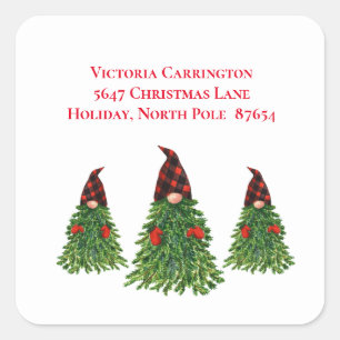 Gnome Christmas Tree Buffalo Karo Rücksendeadresse Quadratischer Aufkleber