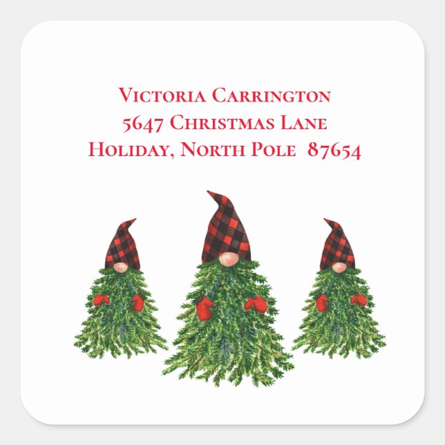 Gnome Christmas Tree Buffalo Karo Rücksendeadresse Quadratischer Aufkleber (Vorderseite)