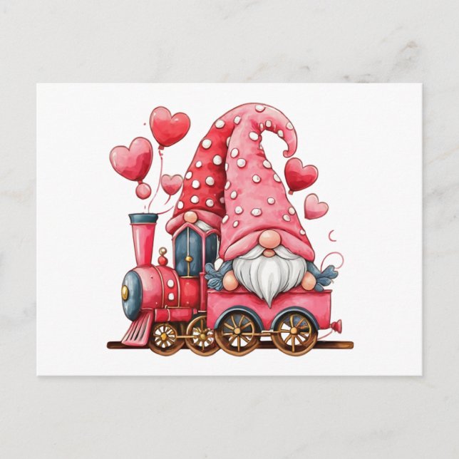 Gnome Couple Red Hearts Valentine Bahn Postkarte (Vorderseite)