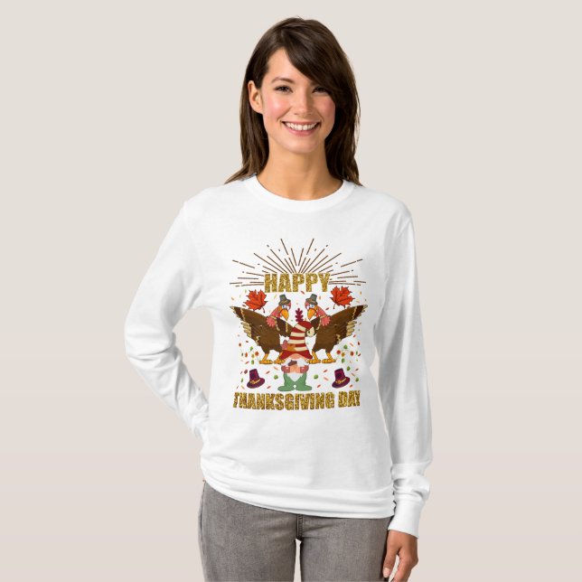 Gnome Dabbing Trukeys Erntedank Day Long Sleeve T-Shirt (Vorne ganz)