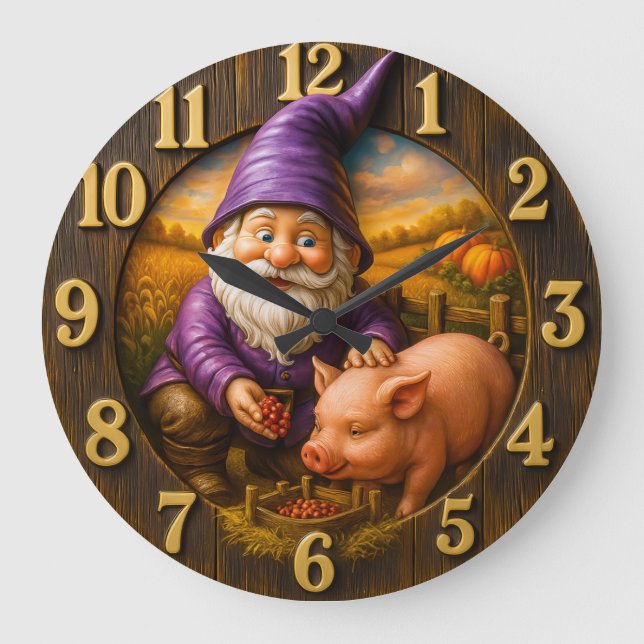Gnome Feeding Pig in Autumn Farm Scene Große Wanduhr (Vorderseite)