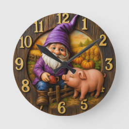 Gnome Feeding Pig in Autumn Farm Scene Runde Wanduhr