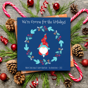 Gnome for Holidays Blue Elf Floral Wreath Square Feiertagskarte