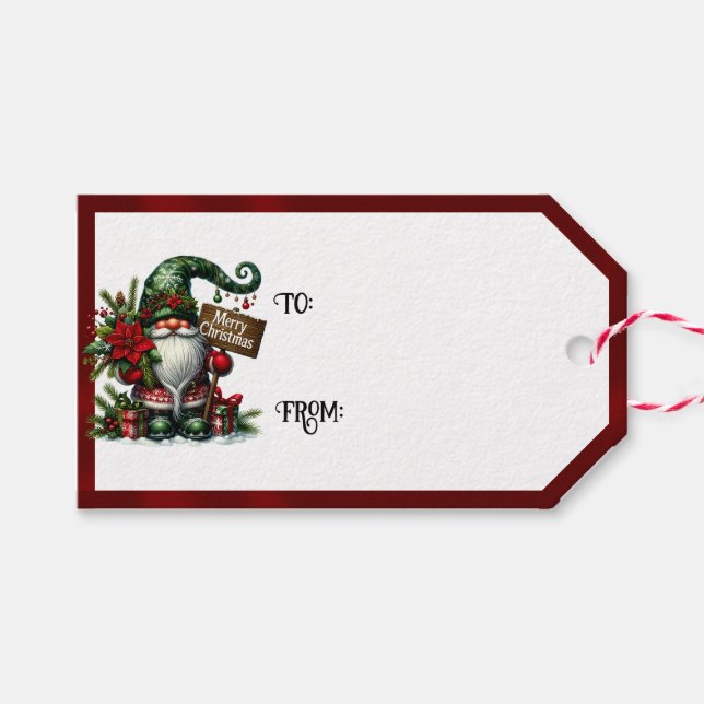Gnome Frohe Weihnachten & Rote Grenzen Geschenkanhänger (Vorderseite (Horizontal))