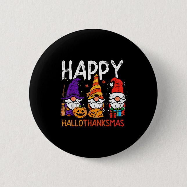 Gnome frohes Hallothanksmas Halloween Erntedankfes Button (Vorderseite)