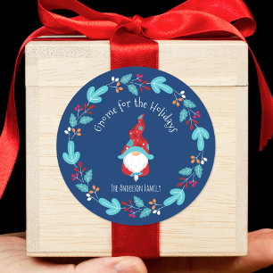 Gnome für Holidays Modern Floral Wreath Blue Runder Aufkleber