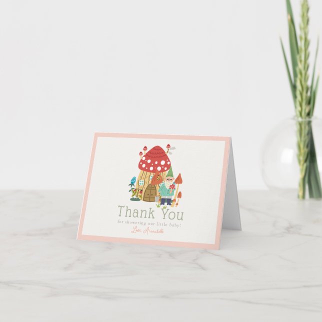Gnome Garden Mushroom Pink Girl Babydusche Dankeskarte (Vorderseite)