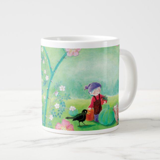 Gnome-Gärtner, Blackbird, Igel und Weißer Kaninche Jumbo-Tasse (Vorderseite Rechts)