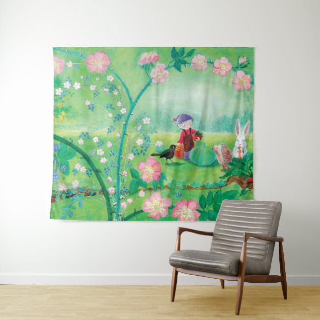 Gnome-Gärtner, Blackbird, Igel und Weißer Kaninche Wandteppich (Beispiel (Horizontal))