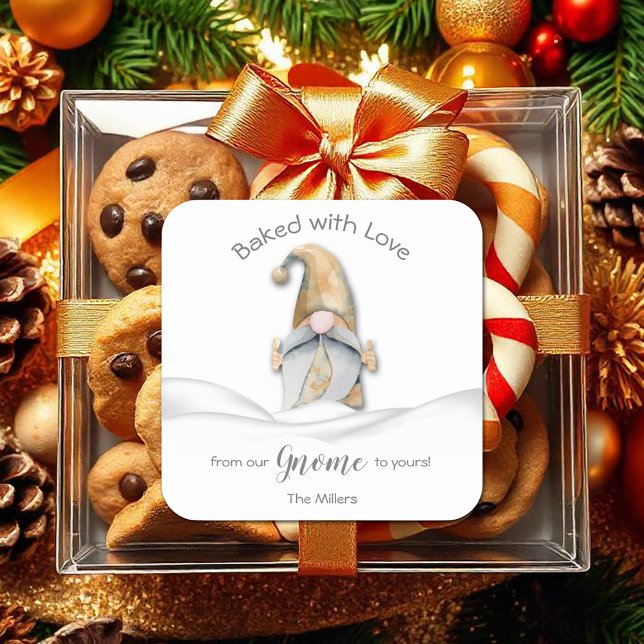Gnome gebacken mit Liebe Weihnachten Personalisier Quadratischer Aufkleber (Gnome Baked with Love Christmas Personalized Square 3" Stickers)