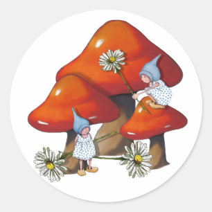 Gnome Girl on Toadstool, Daisis, Fantasy Art Runder Aufkleber