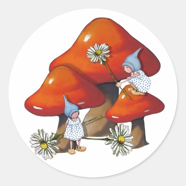 Gnome Girl on Toadstool, Daisis, Fantasy Art Runder Aufkleber (Vorderseite)