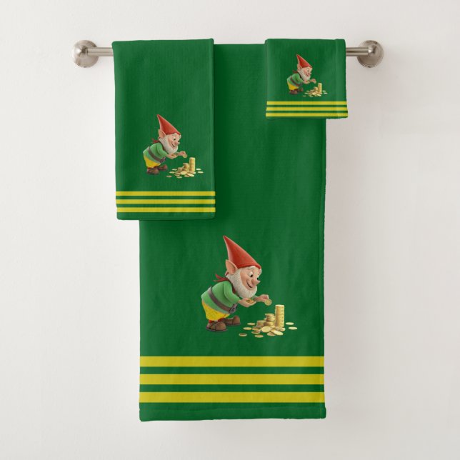 Gnome & Gold, Three Stripes on Forest Green  Badhandtuch Set (Insitu)