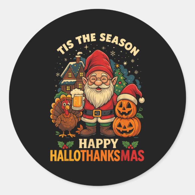 Gnome Happy Hallothanksmas Shirt Halloween Thanksg Runder Aufkleber (Vorderseite)