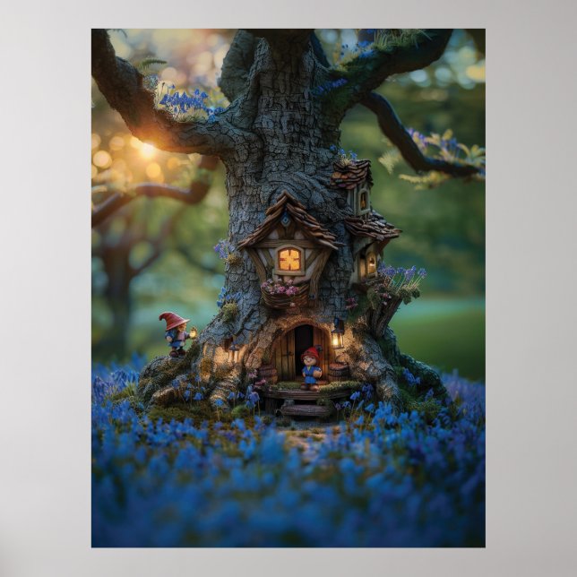 Gnome-Haus in einem Baum umgeben von Bluebells Poster (Vorne)