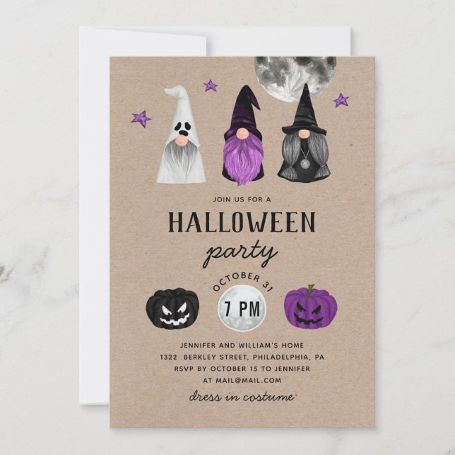 Gnome Hexen, Ghost. Halloween-Party Rustic Kraft Einladung (Vorderseite)