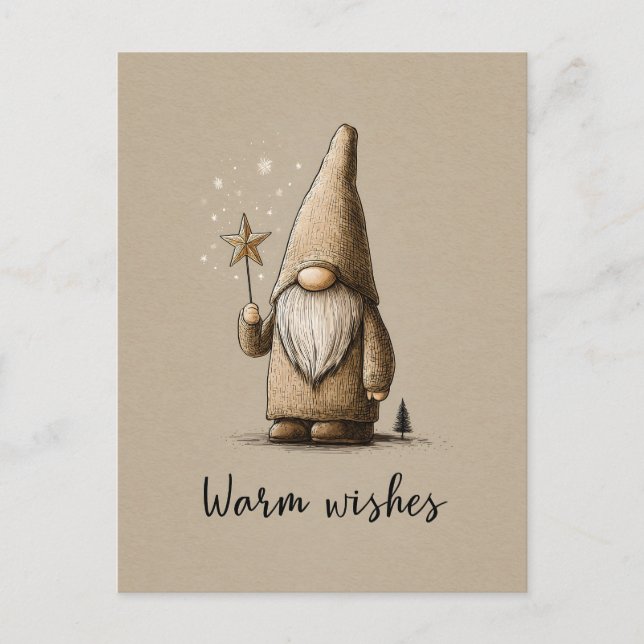 Gnome Illustration with "Warm Wishes" Text Postkarte (Vorderseite)