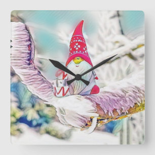 Gnome im Schnee Aquarellmalerei Quadratische Wanduhr